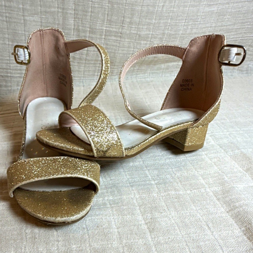 Gold Glitter Strappy Ankle Strap Block Heel Sandals Girls Size 10 D3603